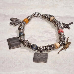 Silver Tone Multi-Colored Beaded Charm Bracelet Angel, Cross, Happy Birthday